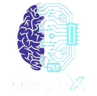 A blue and white image of a brain with the words morphx underneath it.