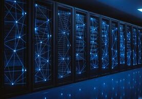 data center A room with many windows and lights on the wall